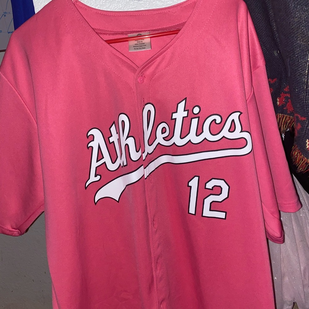 Pink A’s baseball jersey (breast cancer edition)